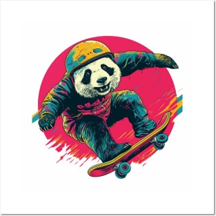 Street art panda in helmet riding a skateboard Posters and Art